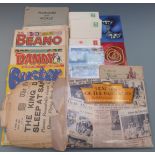 Quantity of ephemera including Beano magazines, replica newspapers of key historic events, postcards