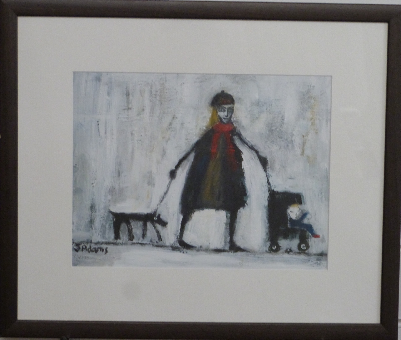 James Newton Adams (b1971) acrylic 'Yummy Mummy' lady with dog and baby in pushchair, signed lower - Image 2 of 5