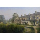 E.J Wilson oil on board Arlington Row, Bibury, Cotswold village scene, signed lower right and titled