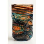 Mdina glass vase of cylindrical form with blue trailed decoration over an amber ground, 17.5cm tall.