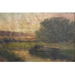 Victorian or early 20C oil on canvas canal scene with boat moored by a copse, 29 x 44cm, in ornate