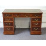 Mahogany leather inset twin pedestal desk fitted with nine drawers, W121 x D59 x H73cm
