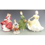 Three Royal Doulton figurines, Ninette, Grace and Top O' The Hill and a small continental figure,