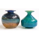 Two glass vases, one Mdina with blue and yellow swirling decoration signed to base (13cm tall) the
