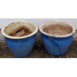 Two blue glazed plant pots, height 37cm