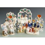 Staffordshire figures, flatbacks and spill vases, pair of German figures etc, tallest 26cm