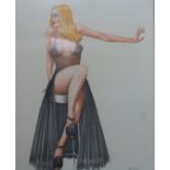 John Holmes pencil/pastel of a glamorous blonde seated on a stool wearing a negligee, signed lower