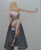John Holmes pencil/pastel of a glamorous blonde seated on a stool wearing a negligee, signed lower