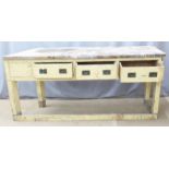 Painted pine three drawer sideboard or workbench, W214 x D54 x H98cm