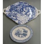 19thC porcelain twin handled lozenge shaped blue and white tray decorated with flowers, two