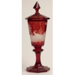 Bohemian flash overlaid covered pedestal goblet with etched scene of stags in a landscape, 35cm
