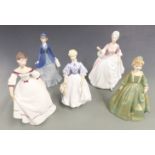 Royal Doulton figurine Diana, four Royal Worcester figurines including Autumn Song, Morning Walk
