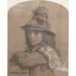 G Ashford pencil drawing with highlights depicting a boy with feathered hat leaning on a wall carved