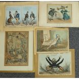Five 19thC hand coloured engravings comprising three William Heath (1795-1840) satirical etchings