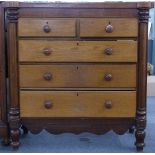 Victorian ash and mahogany chest of two over three graduated drawers, W128 x D53 x H131cm