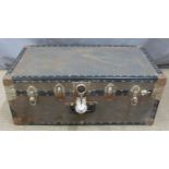 Embossed brass blanket box or similar, width 90cm together with a travelling trunk