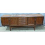 G plan retro teak sideboard with four drawers flanked by cupboards, W 213 x D 46 x H 79cm