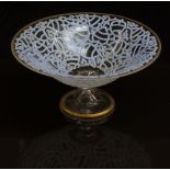 Glass tazza or bonbon dish with blue and white enamel decoration in the form of stylised hearts