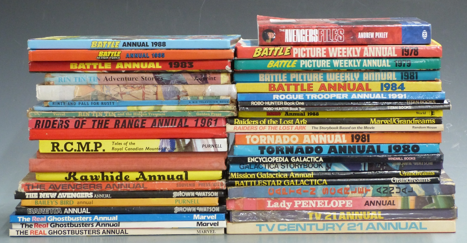 Forty action annuals including The Real Ghostbusters, Raiders Of The Lost Ark, Tornado, Battlestar