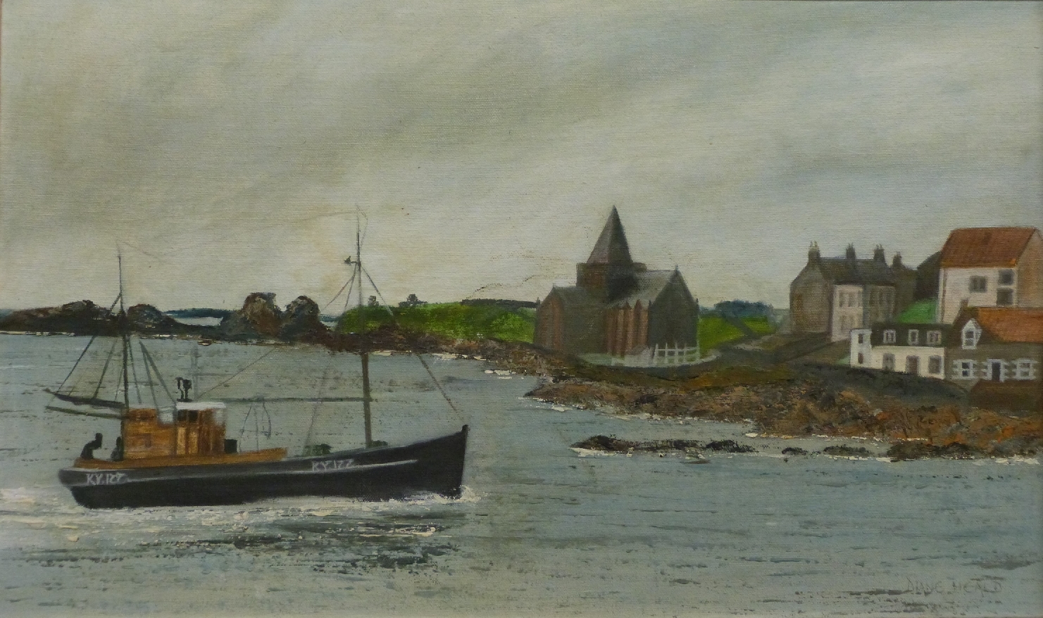 Diane Heald oil on board of a fishing boat sailing into harbor in St Monans, Fife, Scotland, 37 x