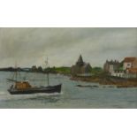 Diane Heald oil on board of a fishing boat sailing into harbor in St Monans, Fife, Scotland, 37 x