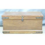 Wooden tool chest or travelling trunk, W89 x D45 x H42cm together with a press etc