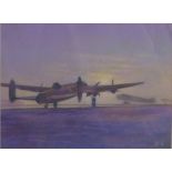 Andrew Quelch (b 1969) pastel of WWII or similar bomber aircraft on the ground, initialled lower