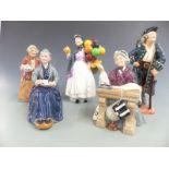 Five Royal Doulton character figures including Long John Silver, The Cup of Tea, Teatime, Biddy