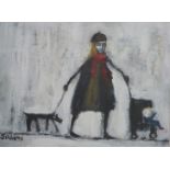 James Newton Adams (b1971) acrylic 'Yummy Mummy' lady with dog and baby in pushchair, signed lower