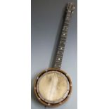A c1920s 5 string zither banjo with brass and bone machine heads and 19" neck, in original case
