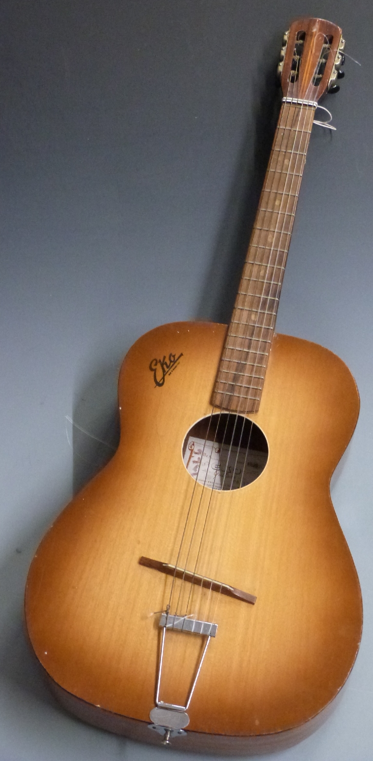 Eko acoustic guitar 1963, reg no 0029721, Italian made, fitted with six nylon strings, in