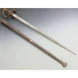 A 19thC Heavy Cavalry sword with modified guard, 98cm double fullered blade and metal scabbard