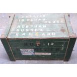 A vintage tool chest with sliding drawer interior and shipping labels, vintage painted teak or
