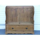 A pine settle with storage under, W120 x D41 x H116cm