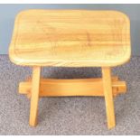Peg jointed light elm side table / stool with pokerwork horse decoration and a brass four-division