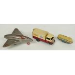 Three tinplate toys comprising Tri-ang Minic clockwork British Railways lorry, Wells Brimtoy
