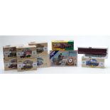 Ten Corgi diecast model vehicles comprising five Thornycroft buses, Regent Foden Tanker,