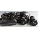 Nikon EM SLR camera with Series E 50mm 1:1.8 lens, Tamron 80-210mm 1:3.8 lens, pair of Century
