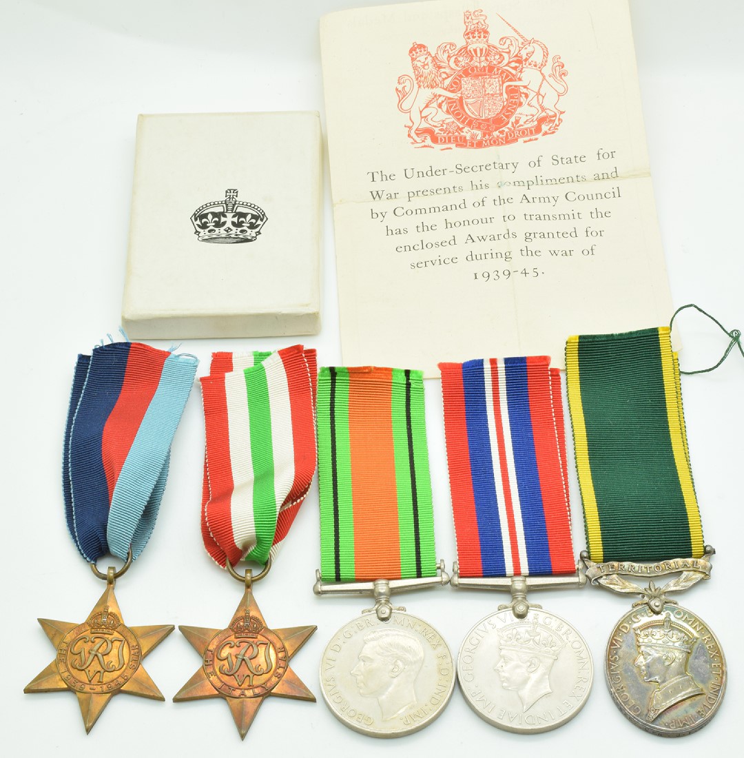 British Army WW2 medals comprising 1939-1945 Star, Italy Star, Defence Medal, War Medal and