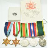 British Army WW2 medals comprising 1939-1945 Star, Italy Star, Defence Medal, War Medal and