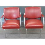 Pair of metal framed red faux leather upholstered barber's chairs, H85cm