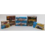 Nine Corgi and Corgi Classics diecast model vehicles including buses, lorries, vans, Chicago Fire