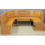 An oak semi-circular seating arrangement / dining bench with underseat storage, dimensions when