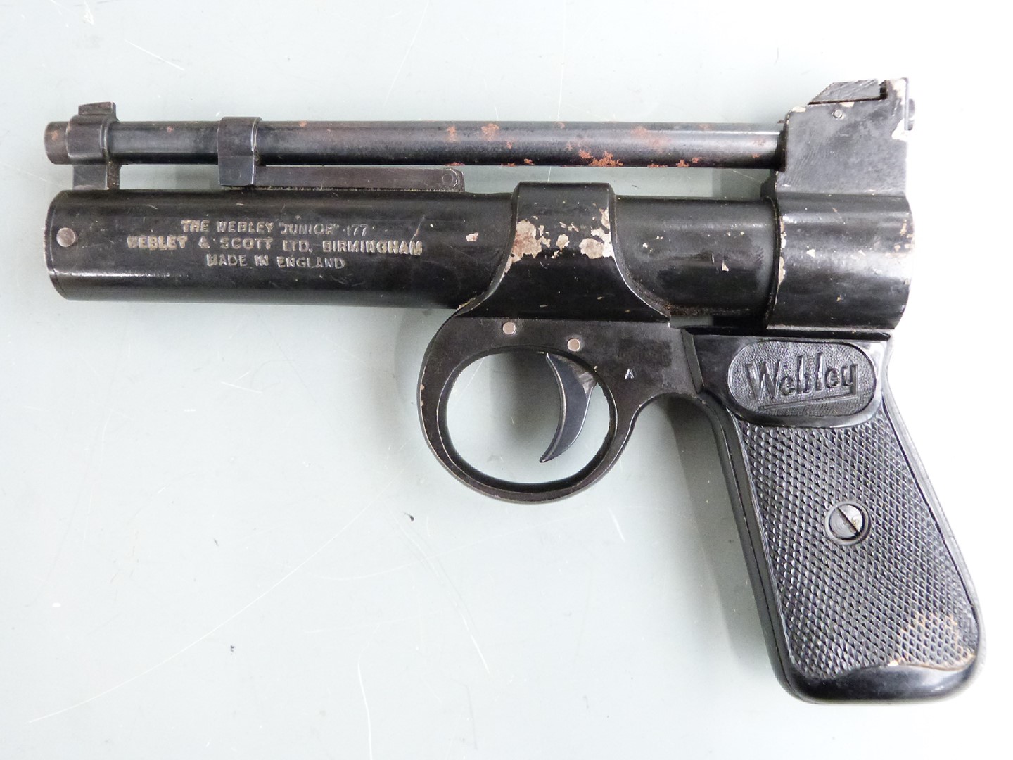 Webley Junior .177 air pistol with named and chequered grips, serial number 248, in original box. - Image 3 of 5