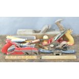 Woodworking planes and tools including Rabbet plane, Acorn, Record, folding rulers etc