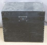 A metal-bound painted wood trunk with label to lid 'The Original Cheltenham Trunk Manufactory, W M