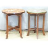 Two rosewood side tables with inlaid scenes 'Omar Khayam', largest diameter 35 x H40cm