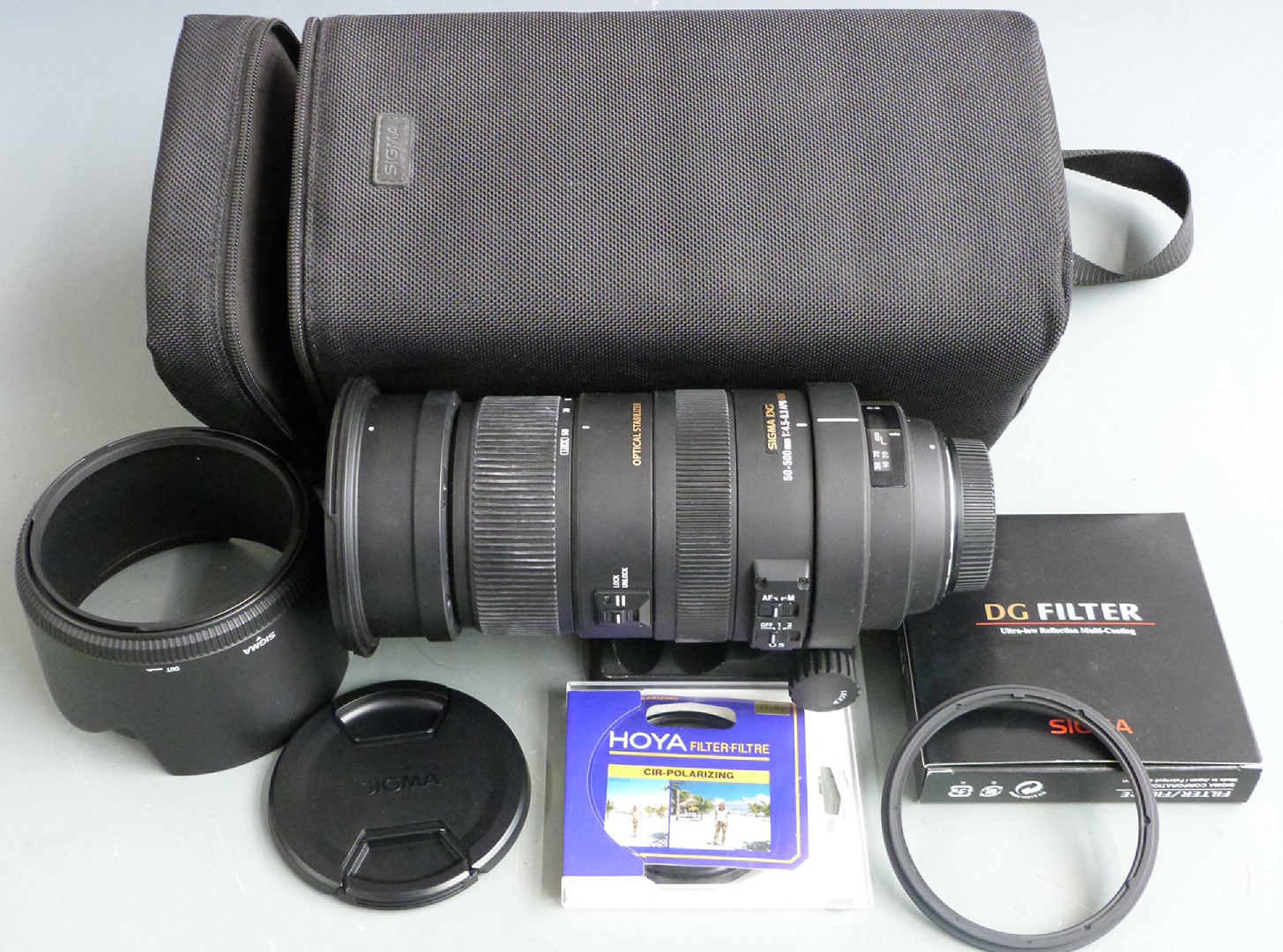 Sigma 50-500mm f4.5-6.3 Apo DG OS lens with optical stabilizer, to suit Nikon AF D, in original