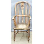 19thC elm seated Windsor chair, H112cm