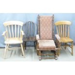 A group of chairs including an American rocking chair and elm seated, tallest 115cm